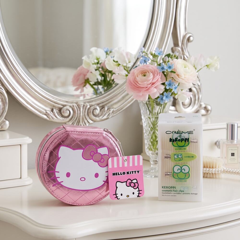 Hello Kitty Pink Jewelry Case + Crème Keroppi Hair Clips Sanrio Bundle